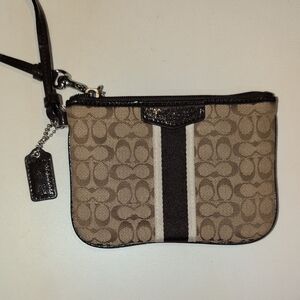 Coach Tan and Brown Signature Stripe Wristlet